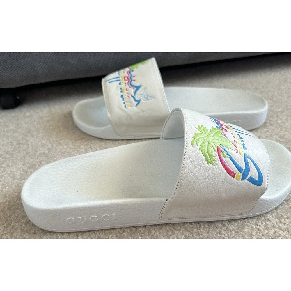 Gucci‎ Pursuit Slides Hawaii Men's UK 9 US 9.5 White Graphic Leather Upper Retro